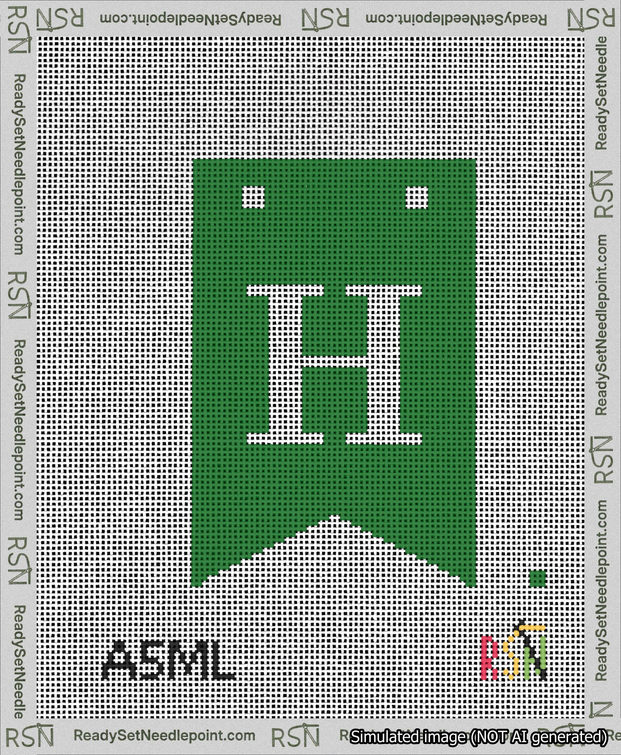 A taped needlepoint canvas with the design: Banner 13 mesh count Forked H White on Green.