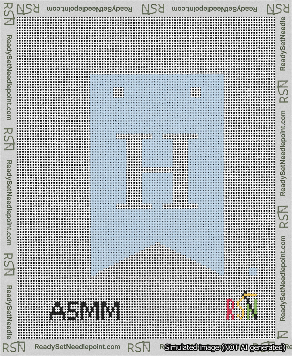 A taped needlepoint canvas with the design: Banner 13 mesh count Forked H White on Light Blue.