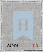 A taped needlepoint canvas with the design: Banner 13 mesh count Forked H White on Light Blue.