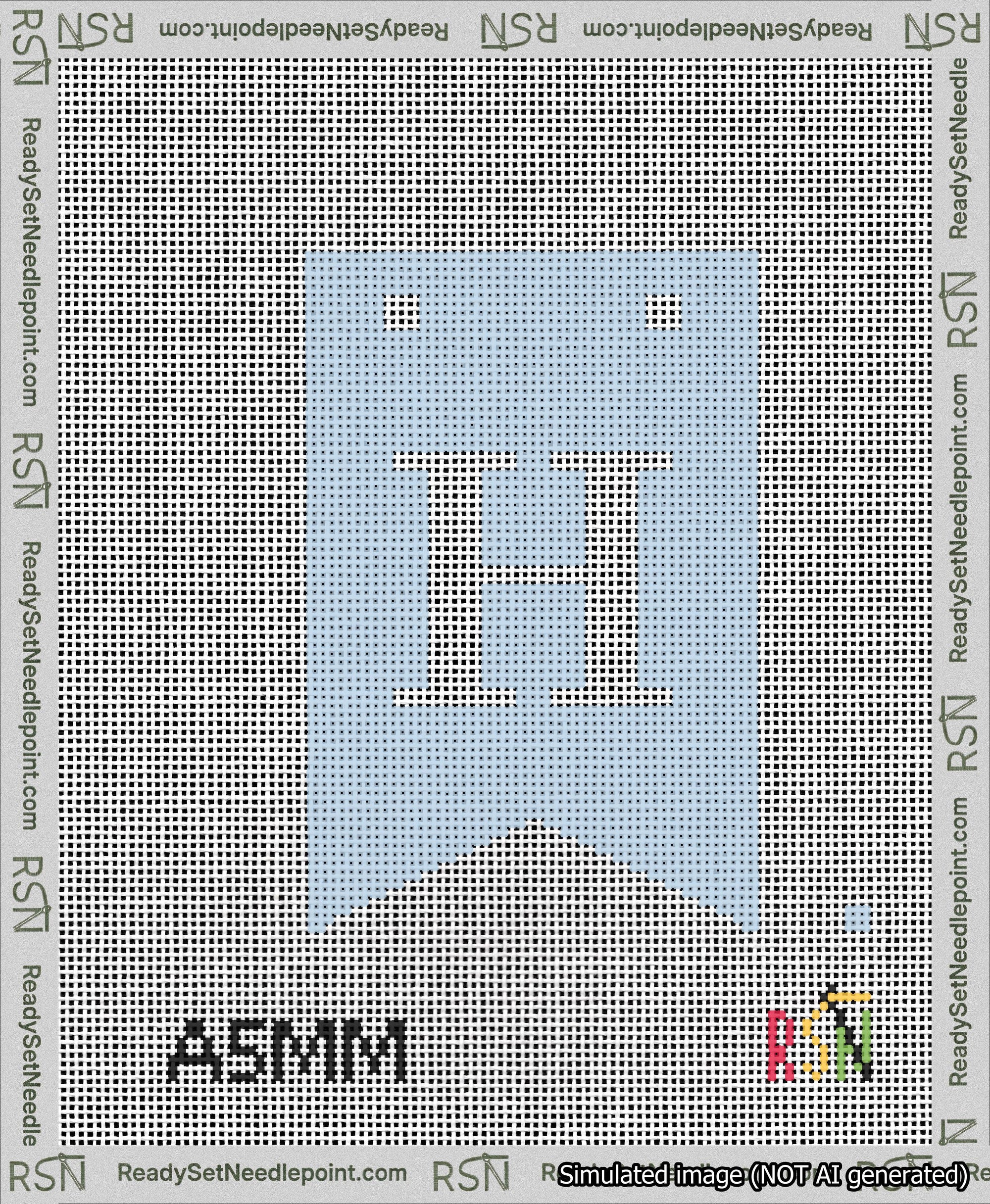 A taped needlepoint canvas with the design: Banner 13 mesh count Forked H White on Light Blue.