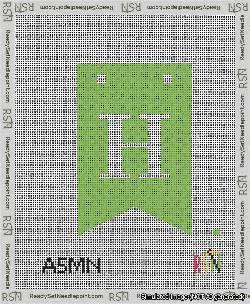 A taped needlepoint canvas with the design: Banner 13 mesh count Forked H White on Light Green.