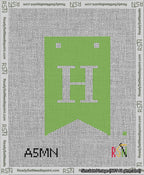 A taped needlepoint canvas with the design: Banner 13 mesh count Forked H White on Light Green.