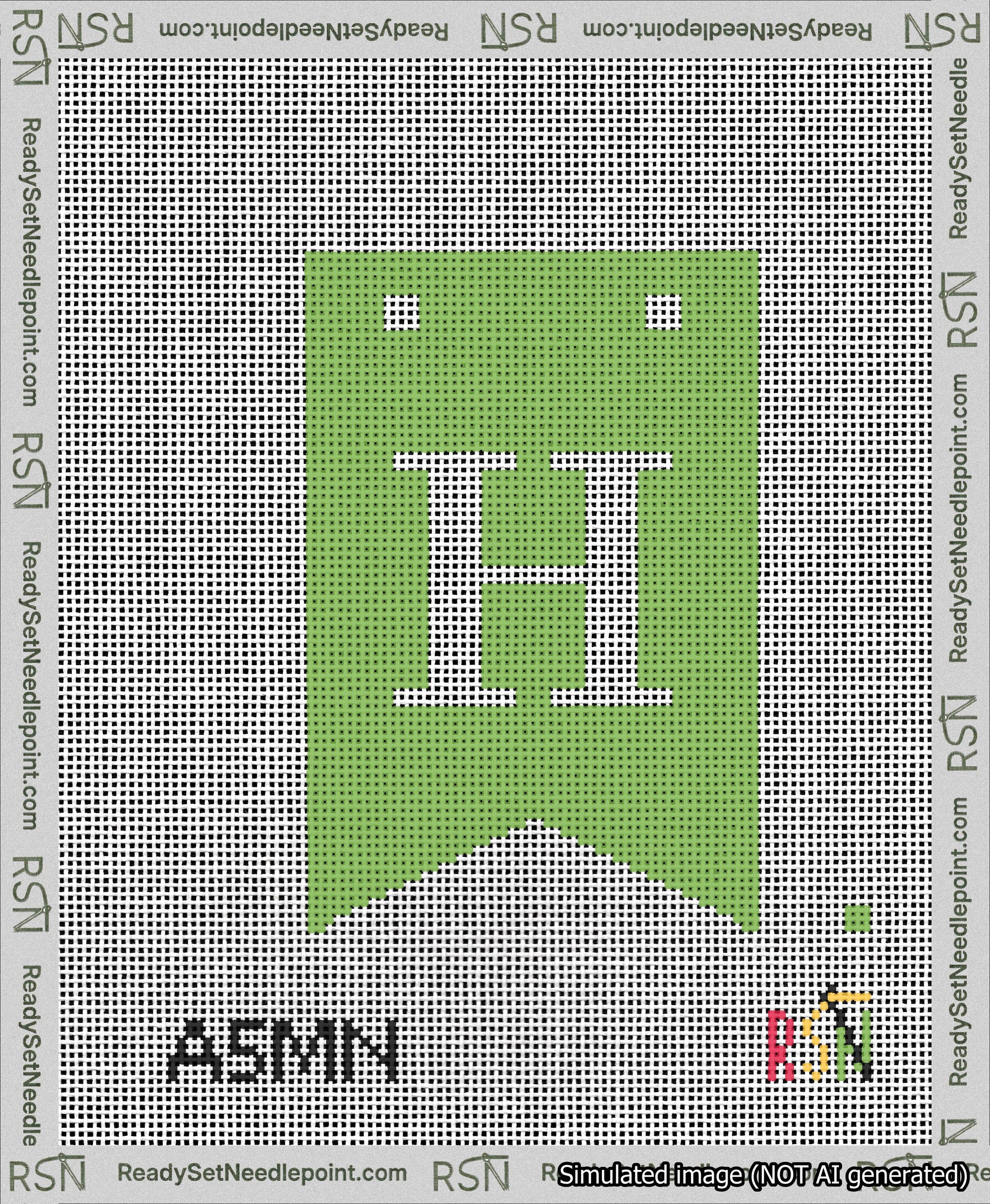 A taped needlepoint canvas with the design: Banner 13 mesh count Forked H White on Light Green.