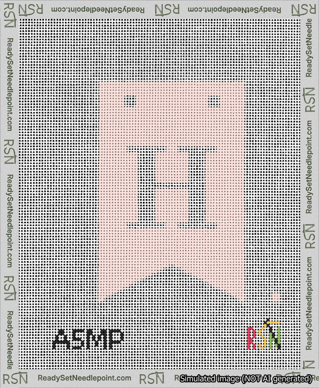A taped needlepoint canvas with the design: Banner 13 mesh count Forked H White on Pink.