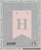 A taped needlepoint canvas with the design: Banner 13 mesh count Forked H White on Pink.