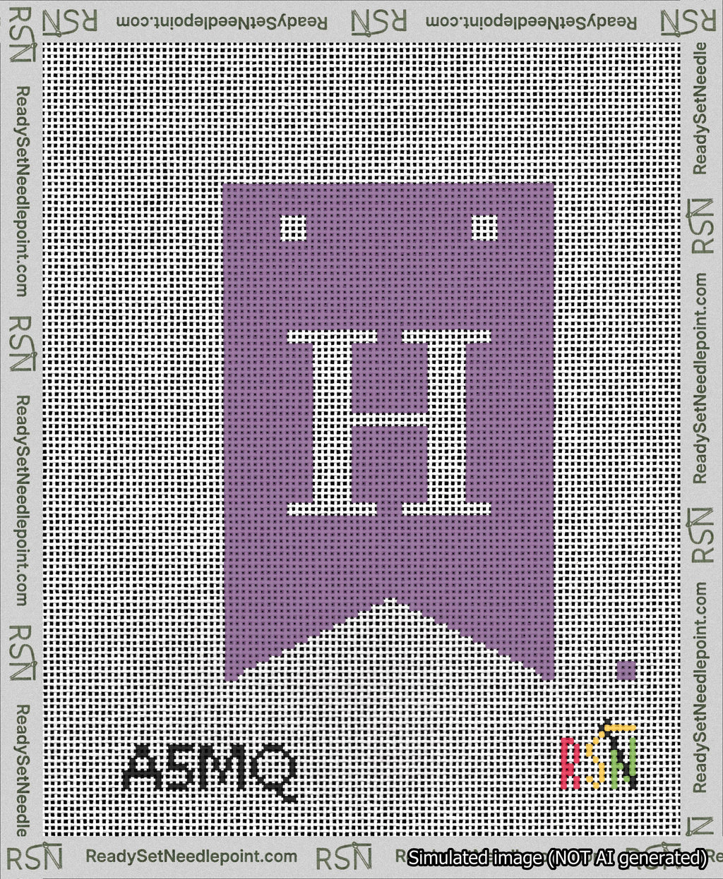 A taped needlepoint canvas with the design: Banner 13 mesh count Forked H White on Purple.