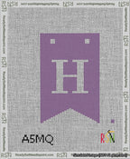 A taped needlepoint canvas with the design: Banner 13 mesh count Forked H White on Purple.