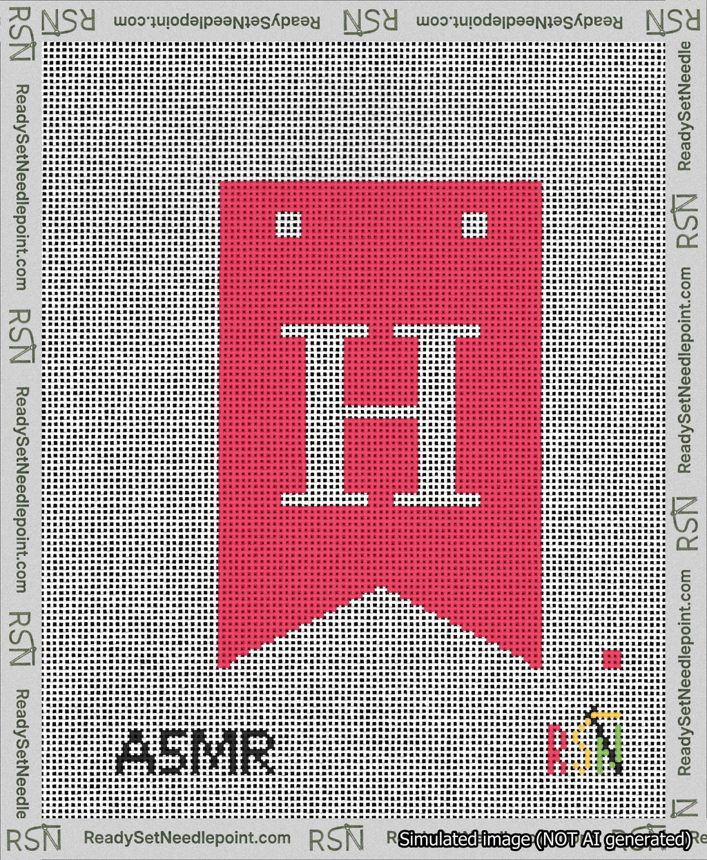 A taped needlepoint canvas with the design: Banner 13 mesh count Forked H White on Red.