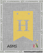 A taped needlepoint canvas with the design: Banner 13 mesh count Forked H White on Yellow.