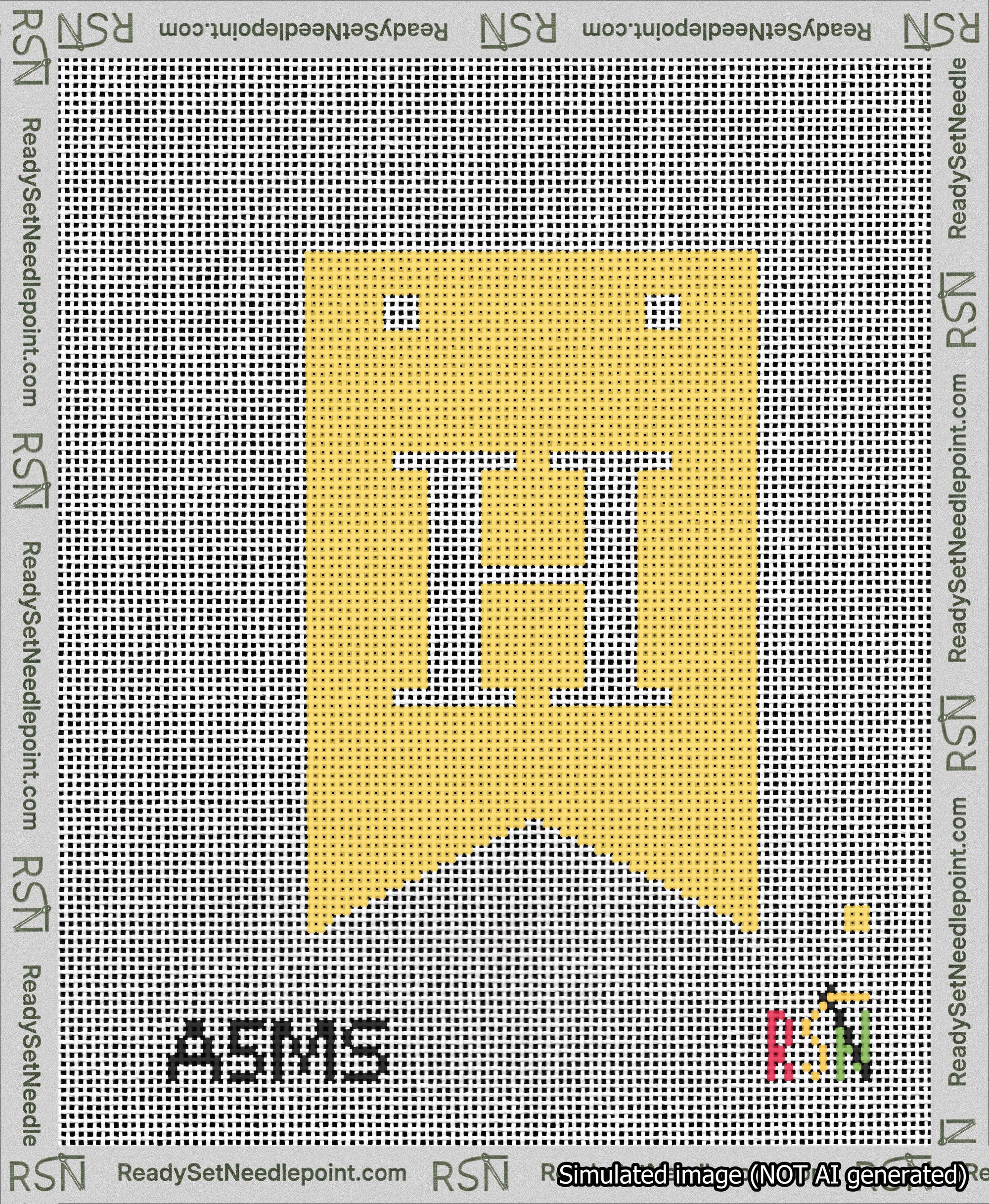 A taped needlepoint canvas with the design: Banner 13 mesh count Forked H White on Yellow.