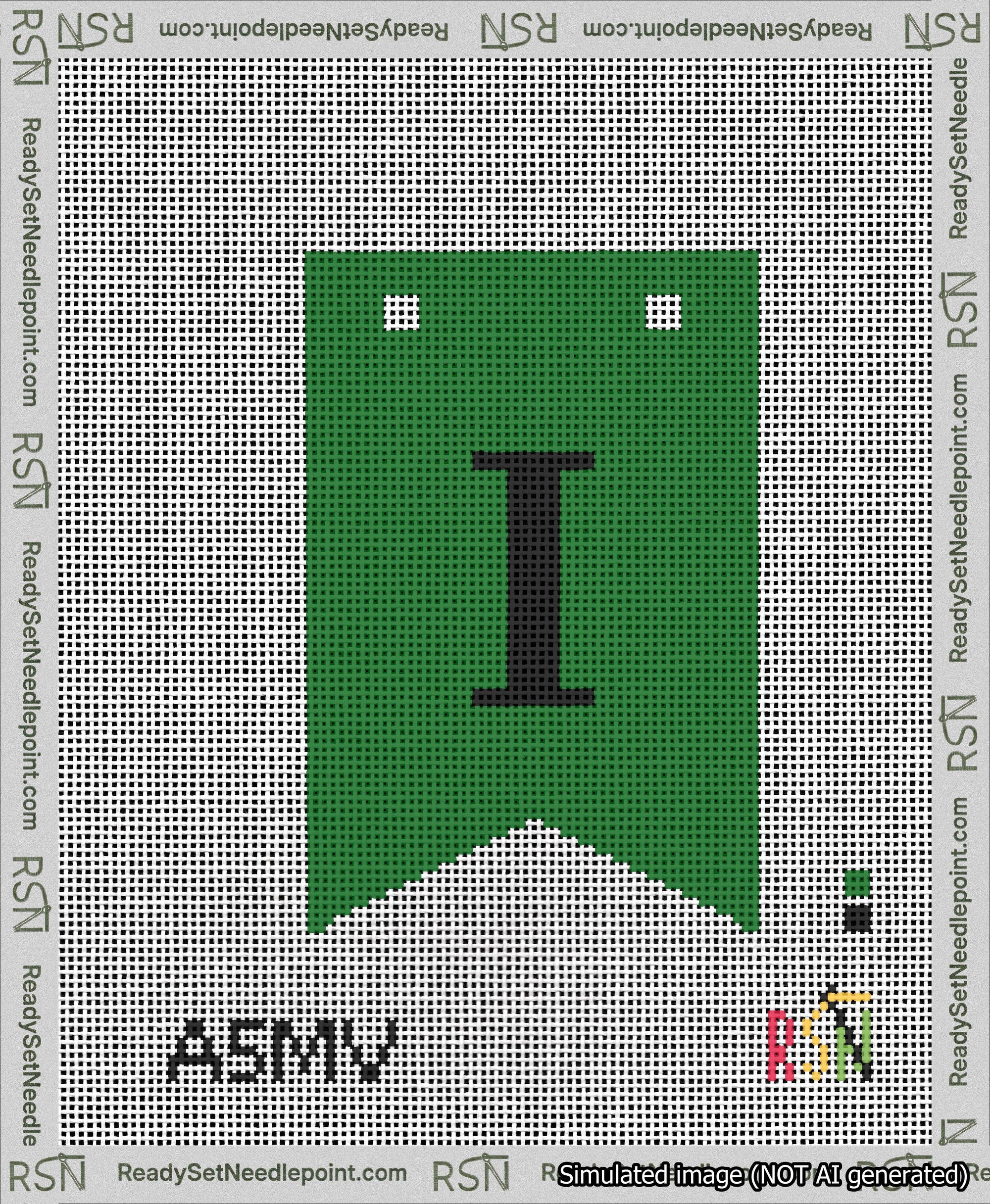 A taped needlepoint canvas with the design: Banner 13 mesh count Forked I Black on Green.