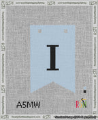 A taped needlepoint canvas with the design: Banner 13 mesh count Forked I Black on Light Blue.