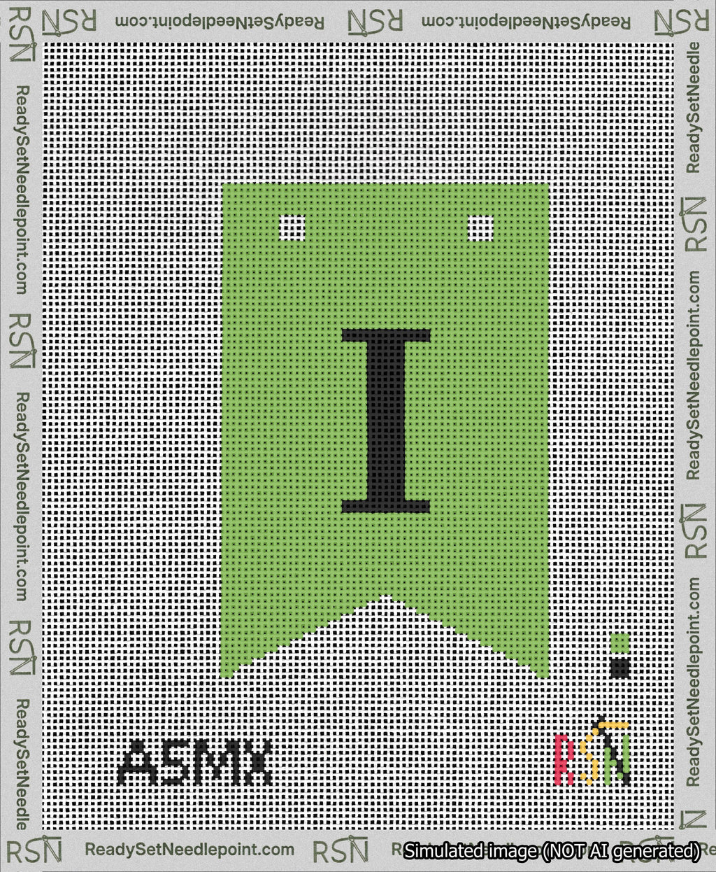 A taped needlepoint canvas with the design: Banner 13 mesh count Forked I Black on Light Green.