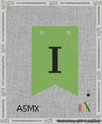 A taped needlepoint canvas with the design: Banner 13 mesh count Forked I Black on Light Green.