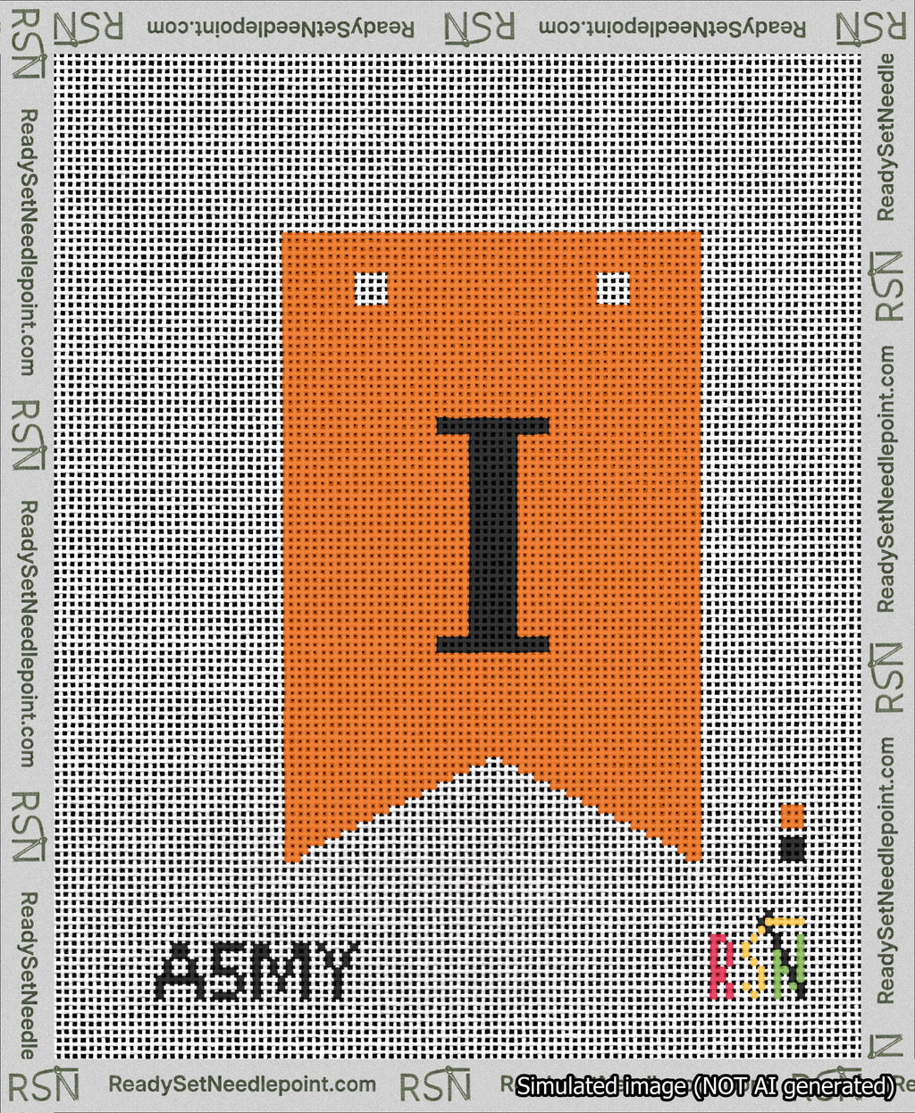 A taped needlepoint canvas with the design: Banner 13 mesh count Forked I Black on Orange.