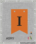 A taped needlepoint canvas with the design: Banner 13 mesh count Forked I Black on Orange.