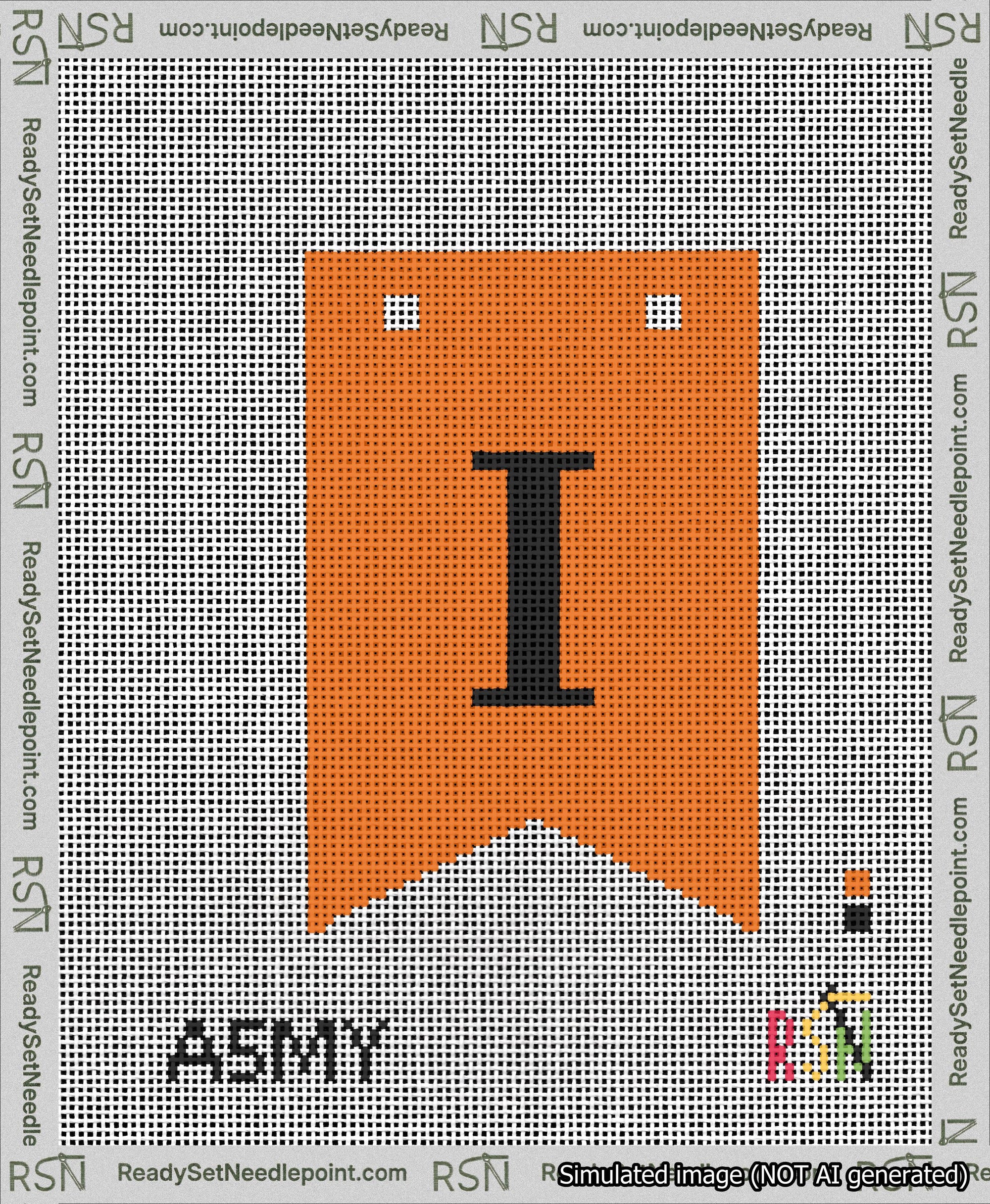 A taped needlepoint canvas with the design: Banner 13 mesh count Forked I Black on Orange.