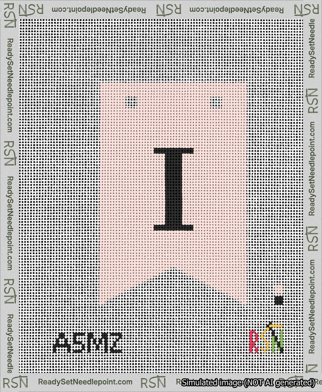 A taped needlepoint canvas with the design: Banner 13 mesh count Forked I Black on Pink.