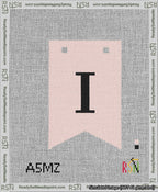 A taped needlepoint canvas with the design: Banner 13 mesh count Forked I Black on Pink.