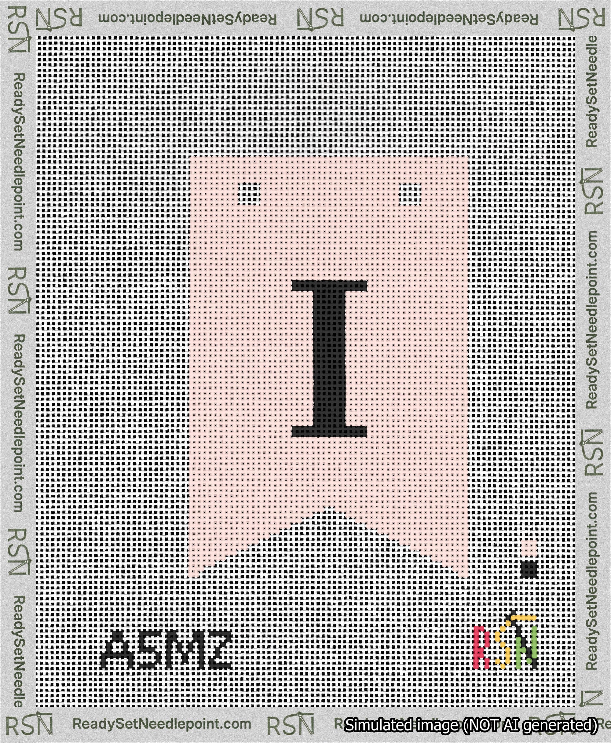A taped needlepoint canvas with the design: Banner 13 mesh count Forked I Black on Pink.