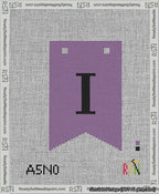 A taped needlepoint canvas with the design: Banner 13 mesh count Forked I Black on Purple.