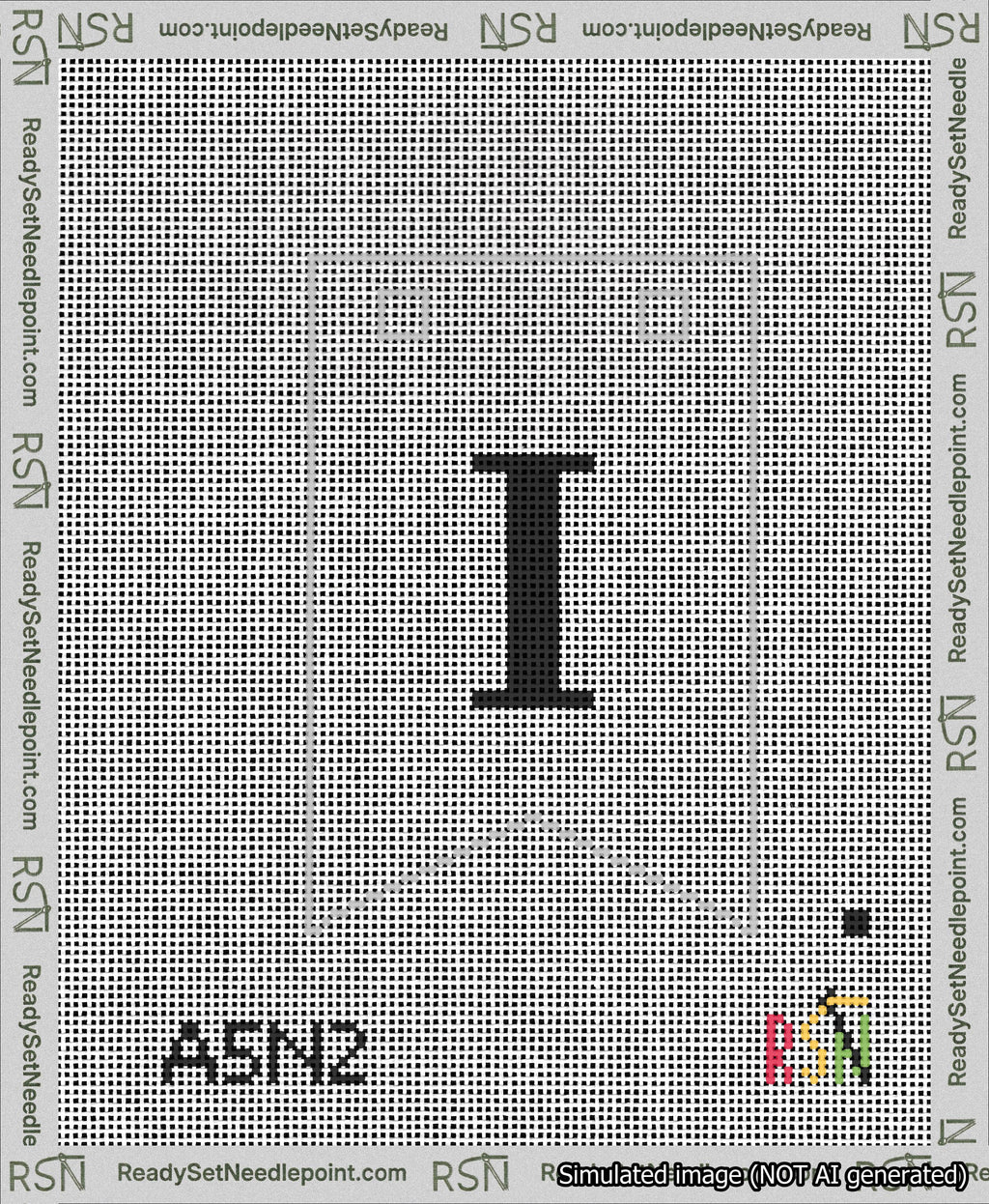 A taped needlepoint canvas with the design: Banner 13 mesh count Forked I Black on White.