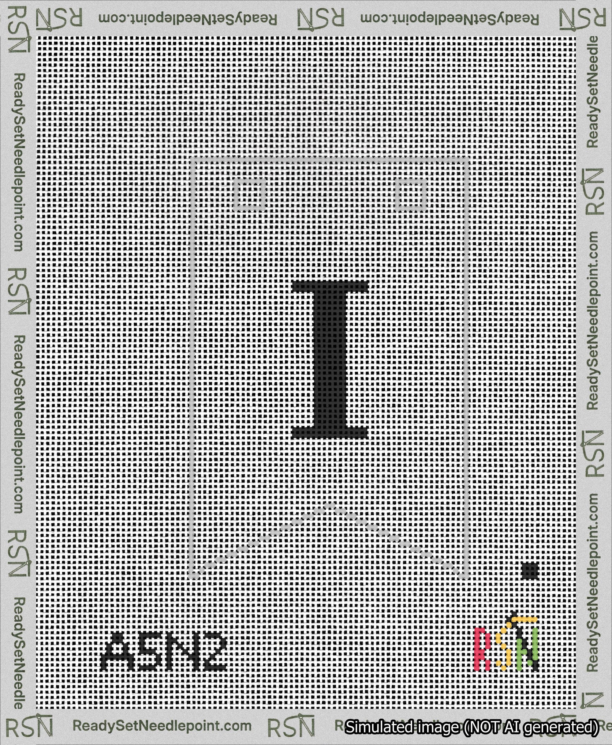 A taped needlepoint canvas with the design: Banner 13 mesh count Forked I Black on White.