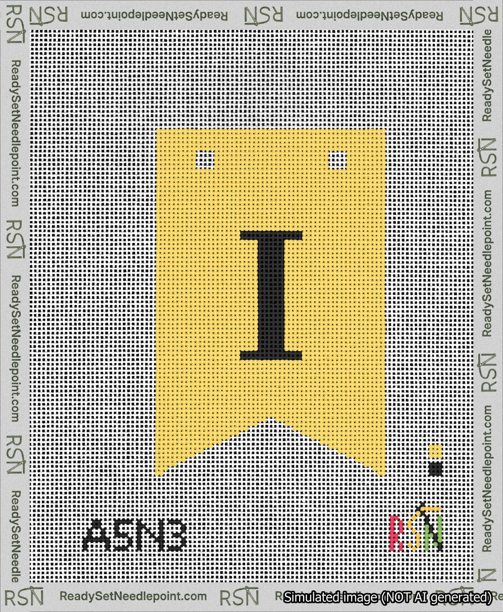 A taped needlepoint canvas with the design: Banner 13 mesh count Forked I Black on Yellow.
