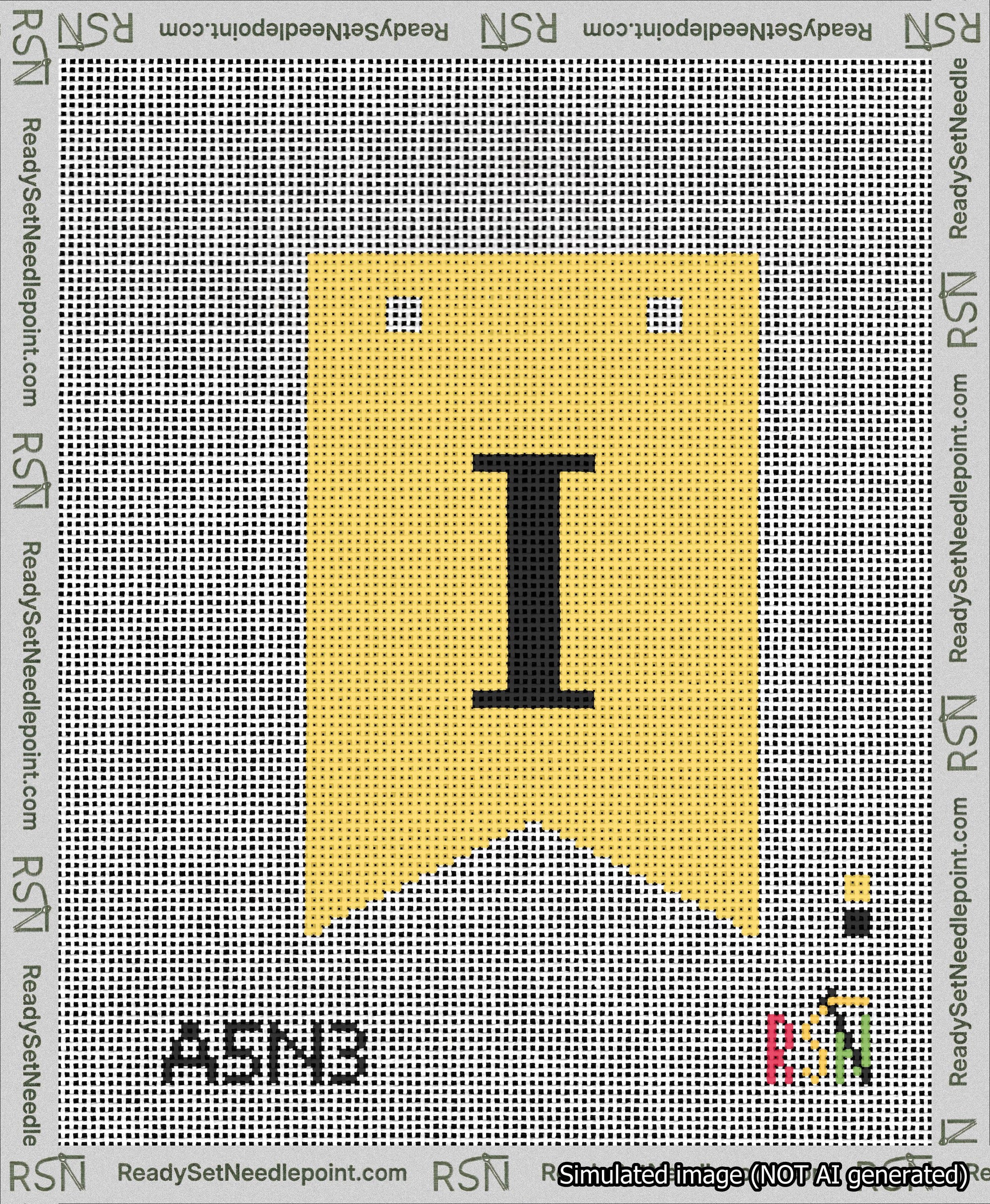 A taped needlepoint canvas with the design: Banner 13 mesh count Forked I Black on Yellow.
