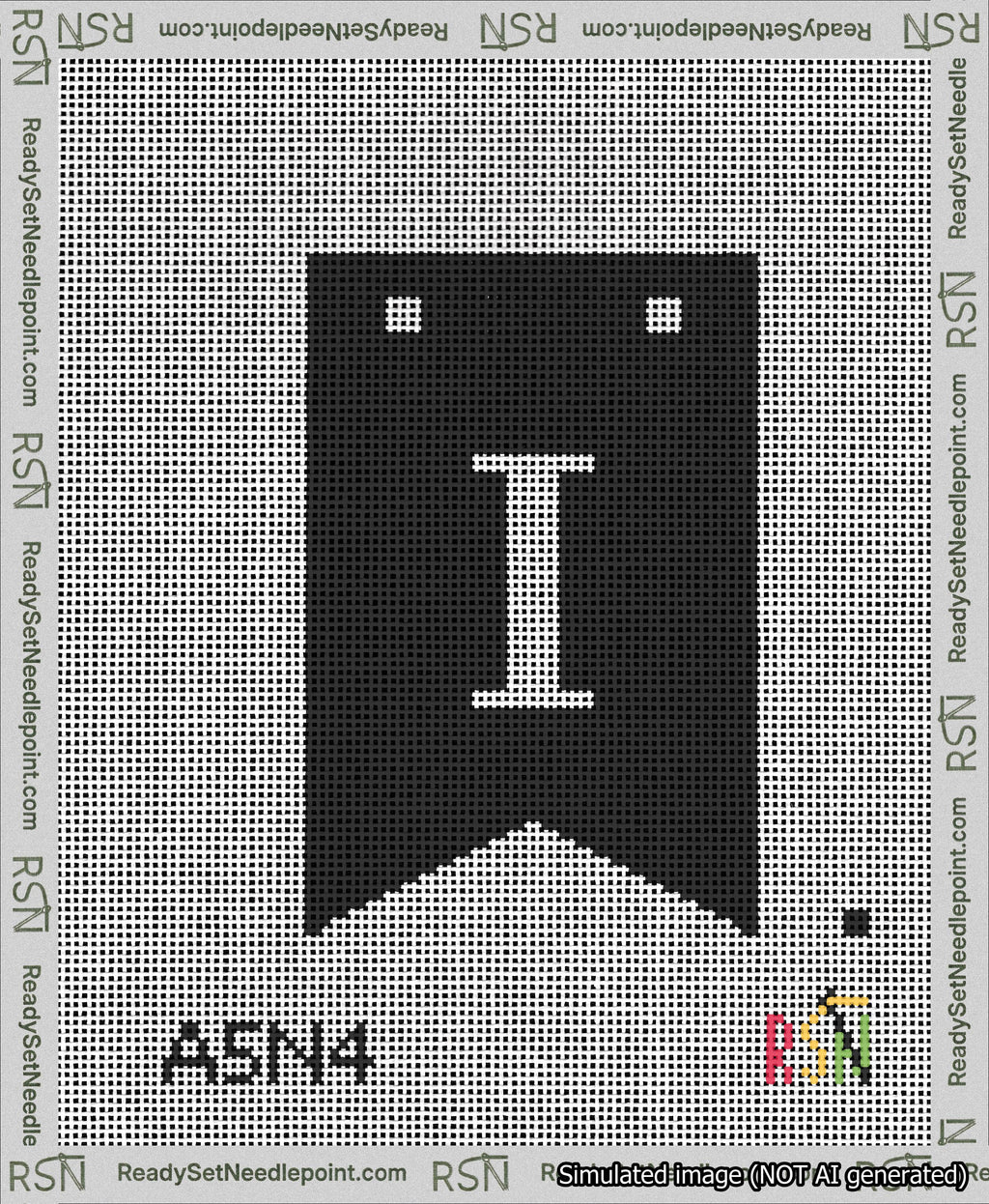 A taped needlepoint canvas with the design: Banner 13 mesh count Forked I White on Black.