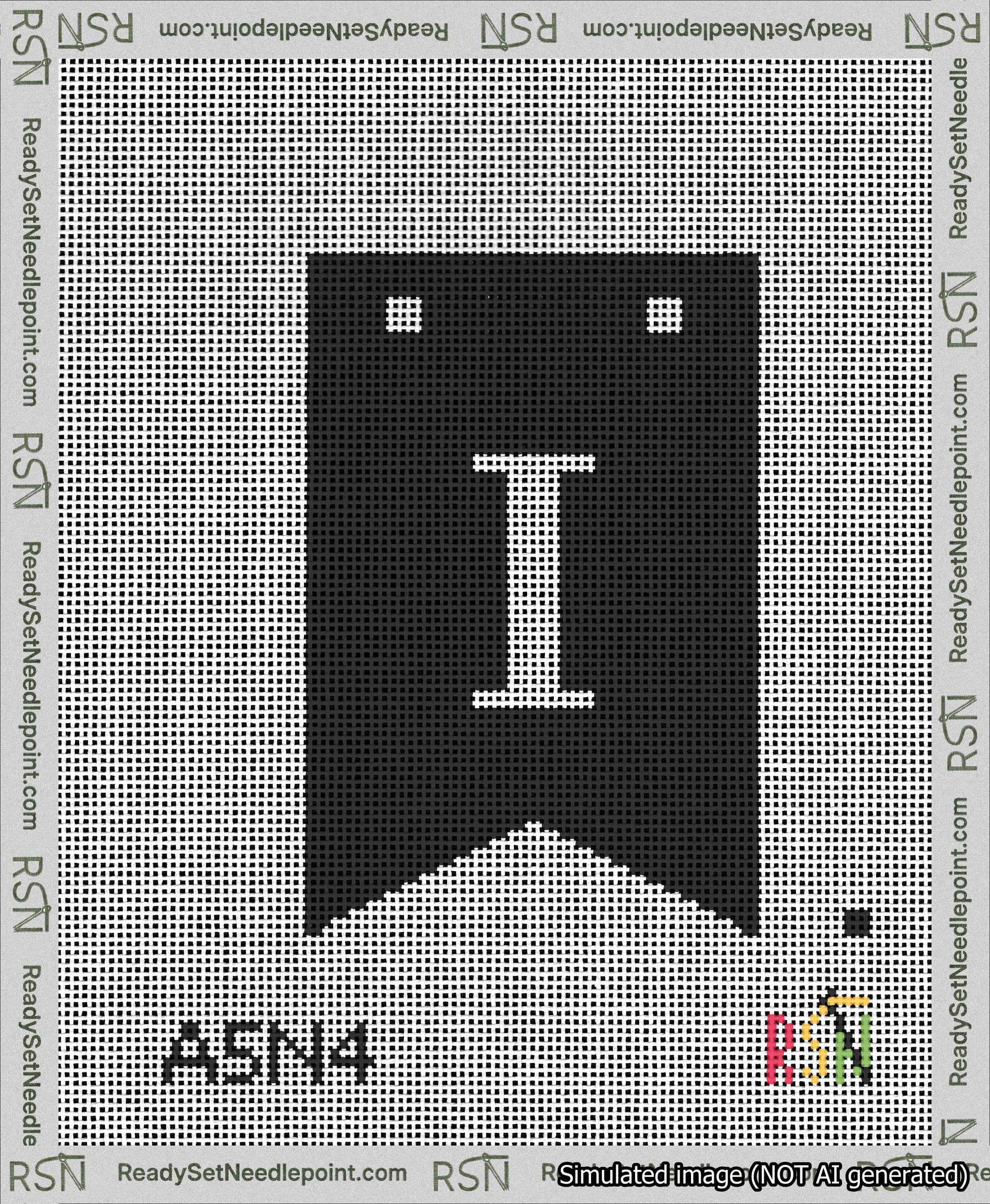 A taped needlepoint canvas with the design: Banner 13 mesh count Forked I White on Black.