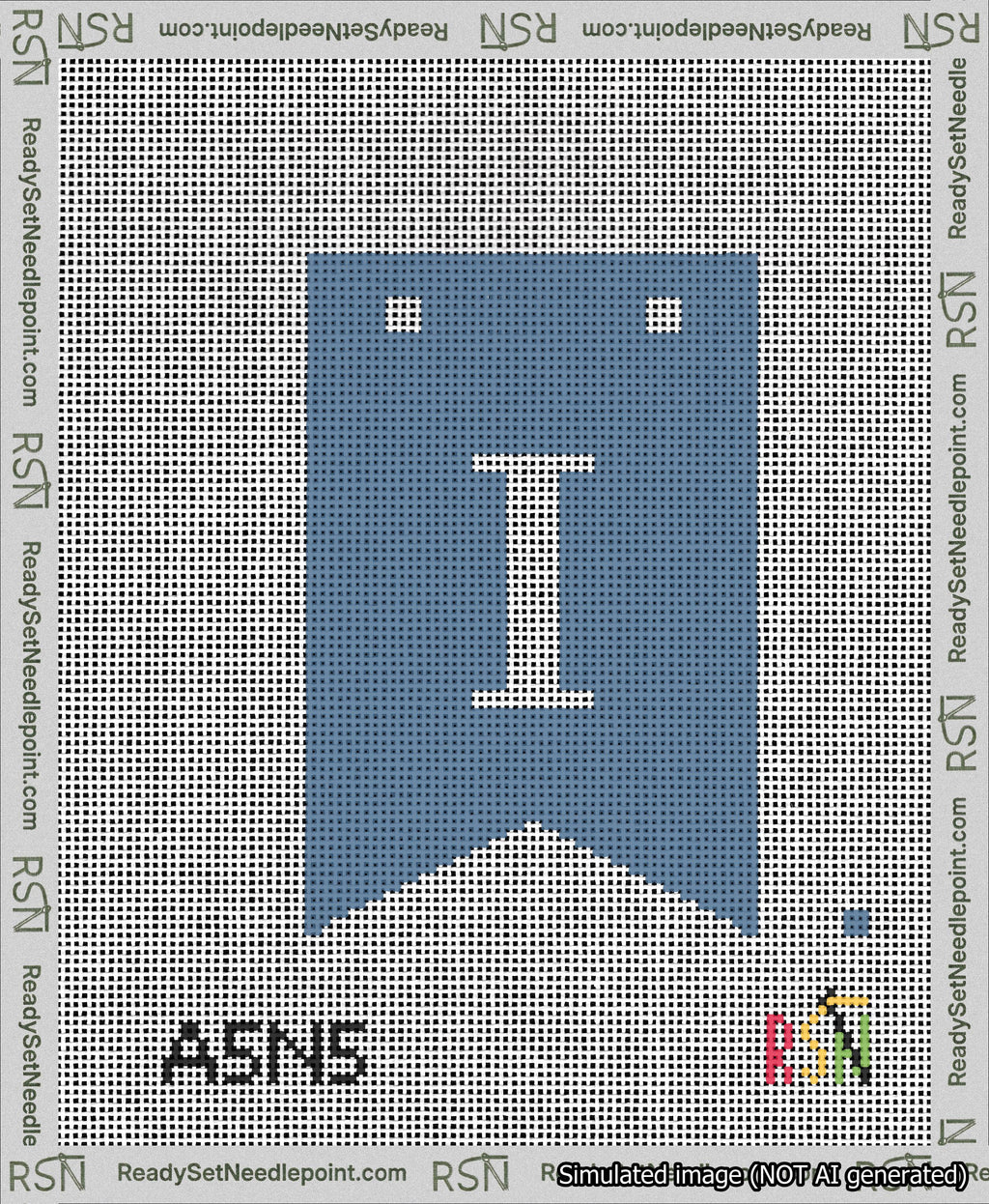 A taped needlepoint canvas with the design: Banner 13 mesh count Forked I White on Blue.