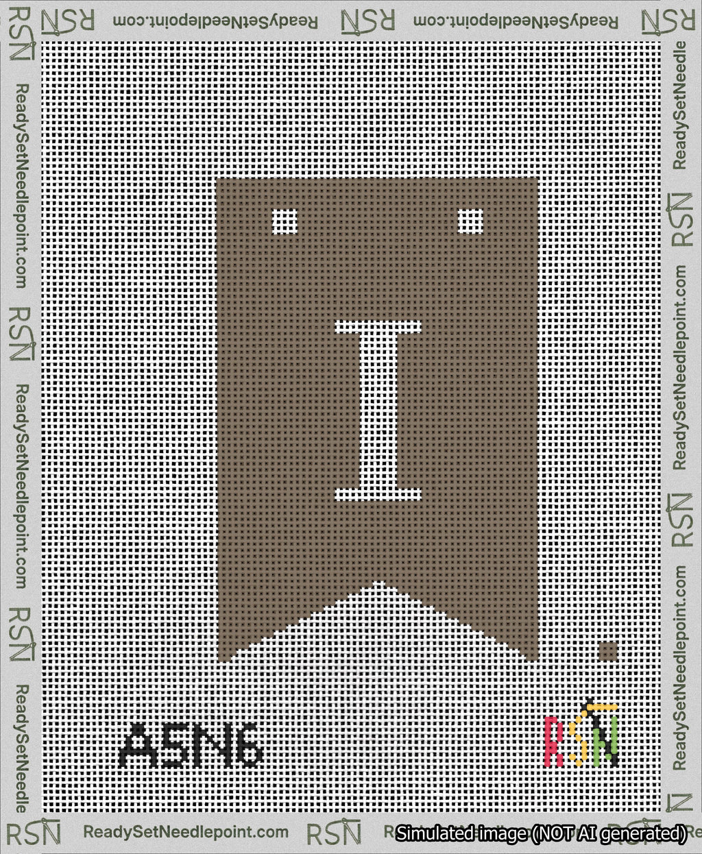 A taped needlepoint canvas with the design: Banner 13 mesh count Forked I White on Brown.