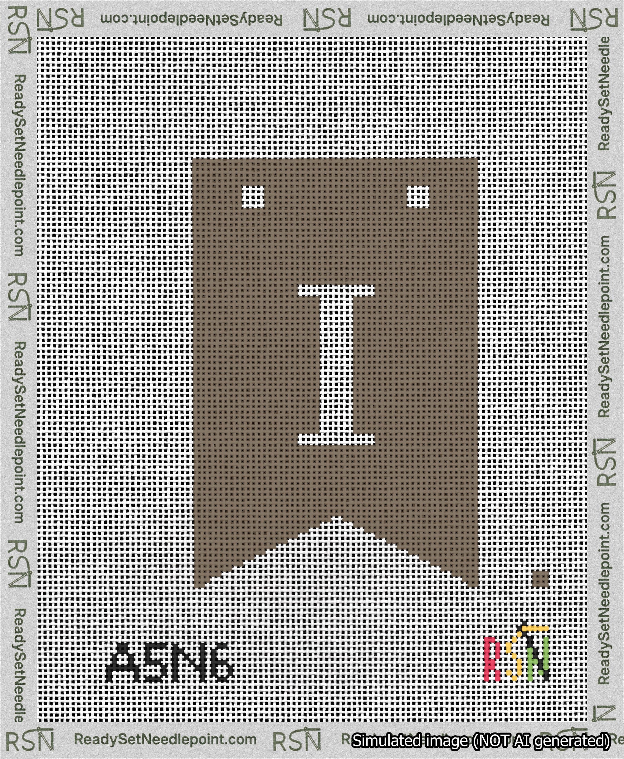 A taped needlepoint canvas with the design: Banner 13 mesh count Forked I White on Brown.