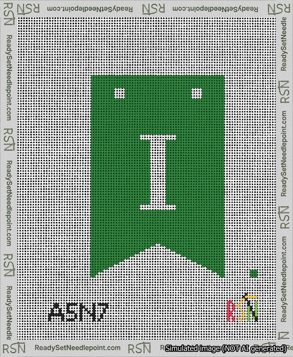 A taped needlepoint canvas with the design: Banner 13 mesh count Forked I White on Green.