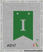 A taped needlepoint canvas with the design: Banner 13 mesh count Forked I White on Green.