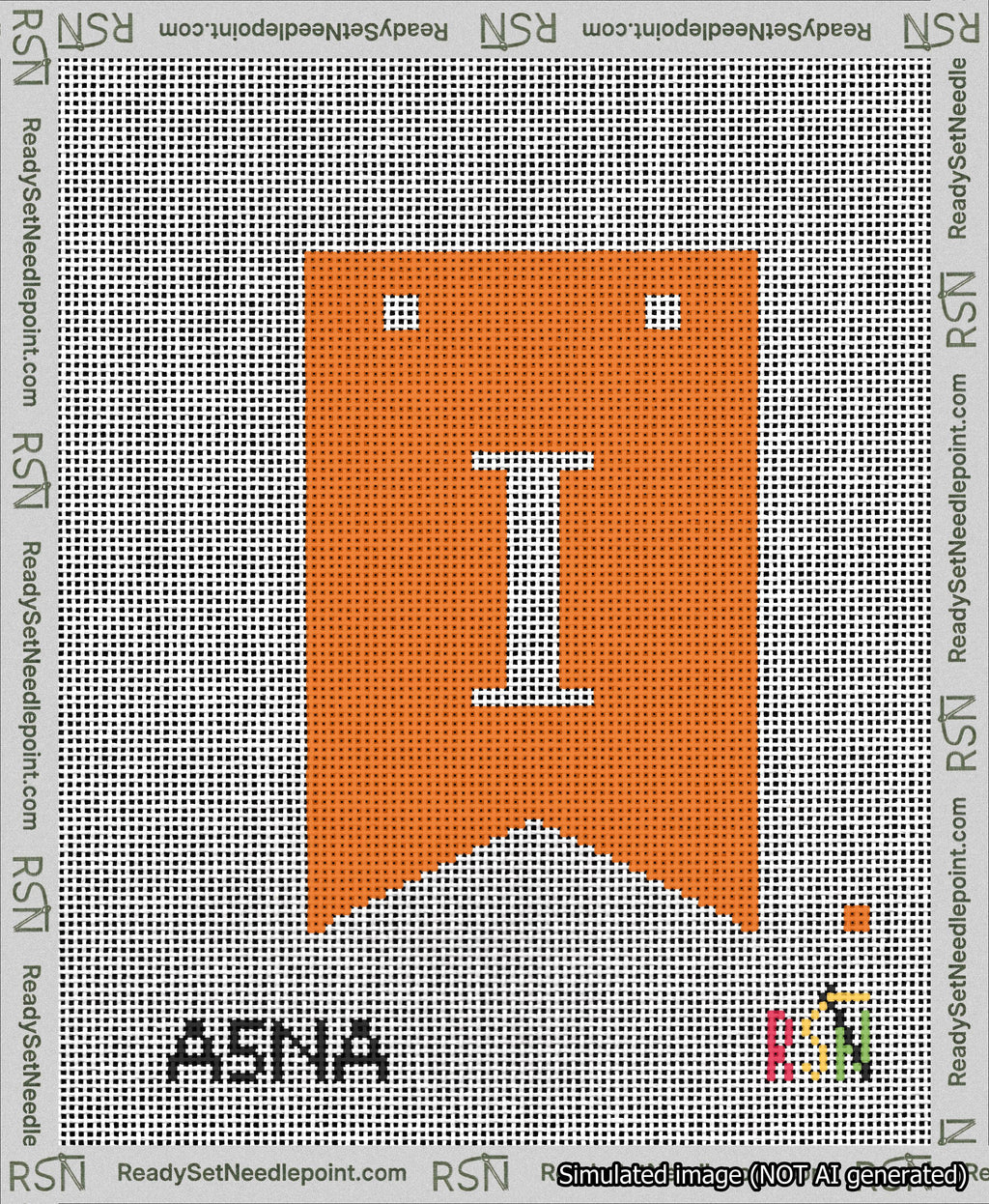 A taped needlepoint canvas with the design: Banner 13 mesh count Forked I White on Orange.