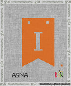 A taped needlepoint canvas with the design: Banner 13 mesh count Forked I White on Orange.