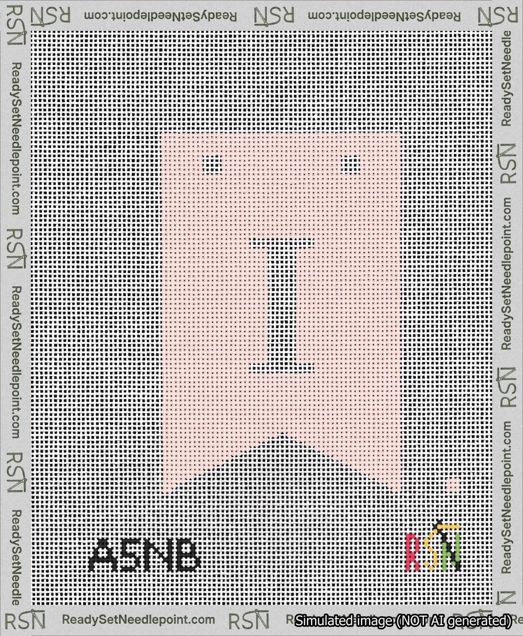 A taped needlepoint canvas with the design: Banner 13 mesh count Forked I White on Pink.