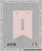 A taped needlepoint canvas with the design: Banner 13 mesh count Forked I White on Pink.