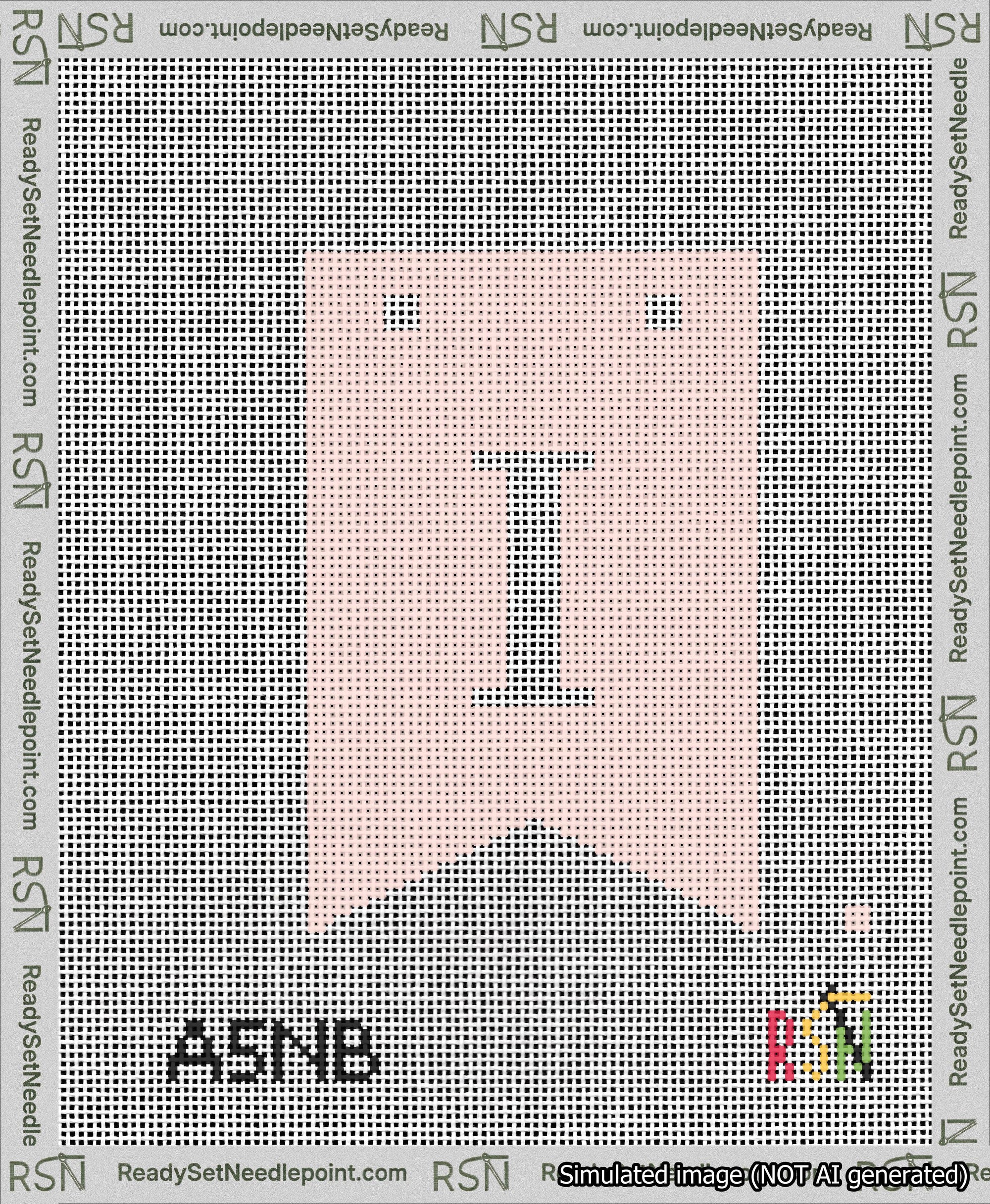 A taped needlepoint canvas with the design: Banner 13 mesh count Forked I White on Pink.
