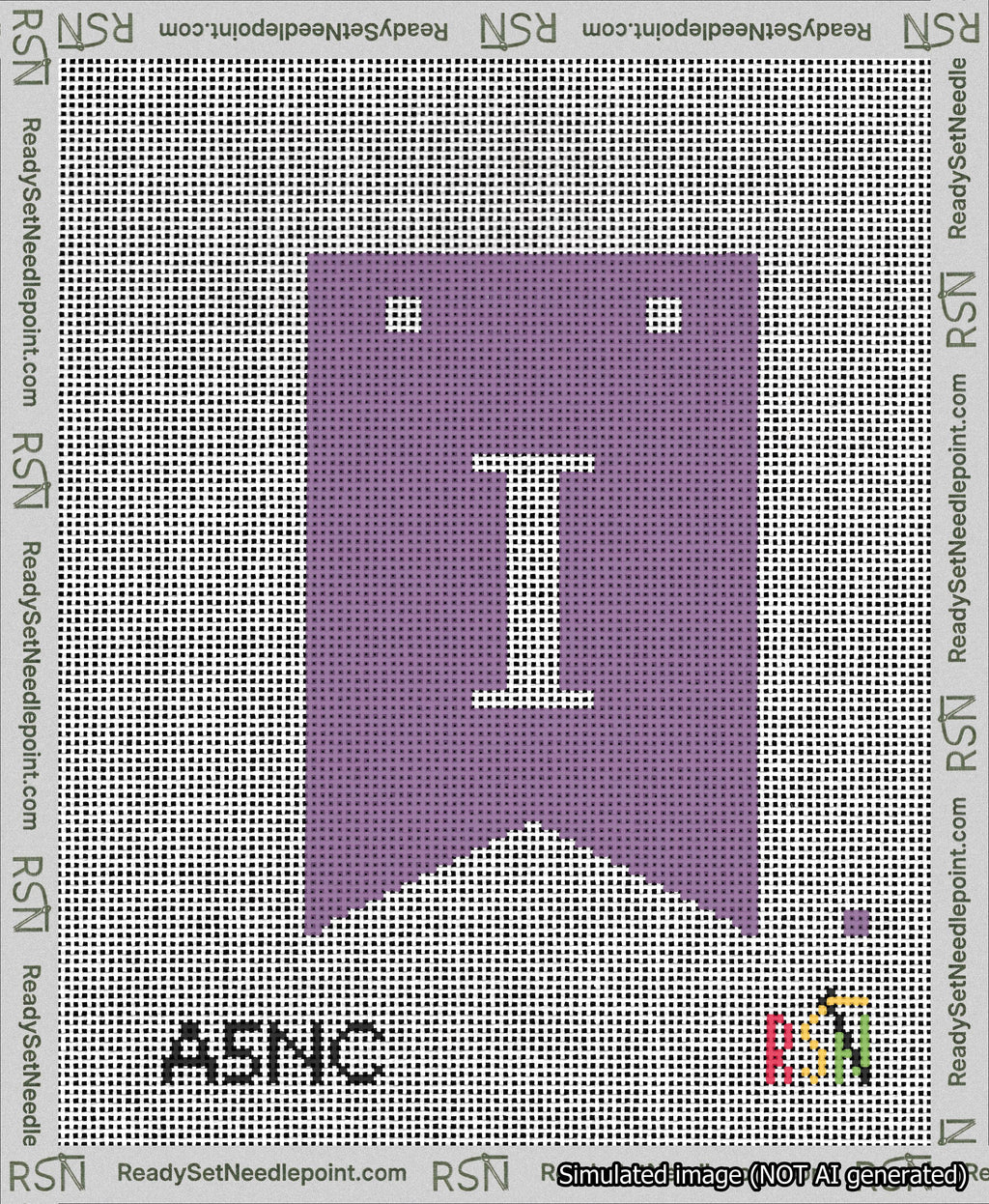 A taped needlepoint canvas with the design: Banner 13 mesh count Forked I White on Purple.