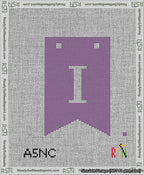 A taped needlepoint canvas with the design: Banner 13 mesh count Forked I White on Purple.