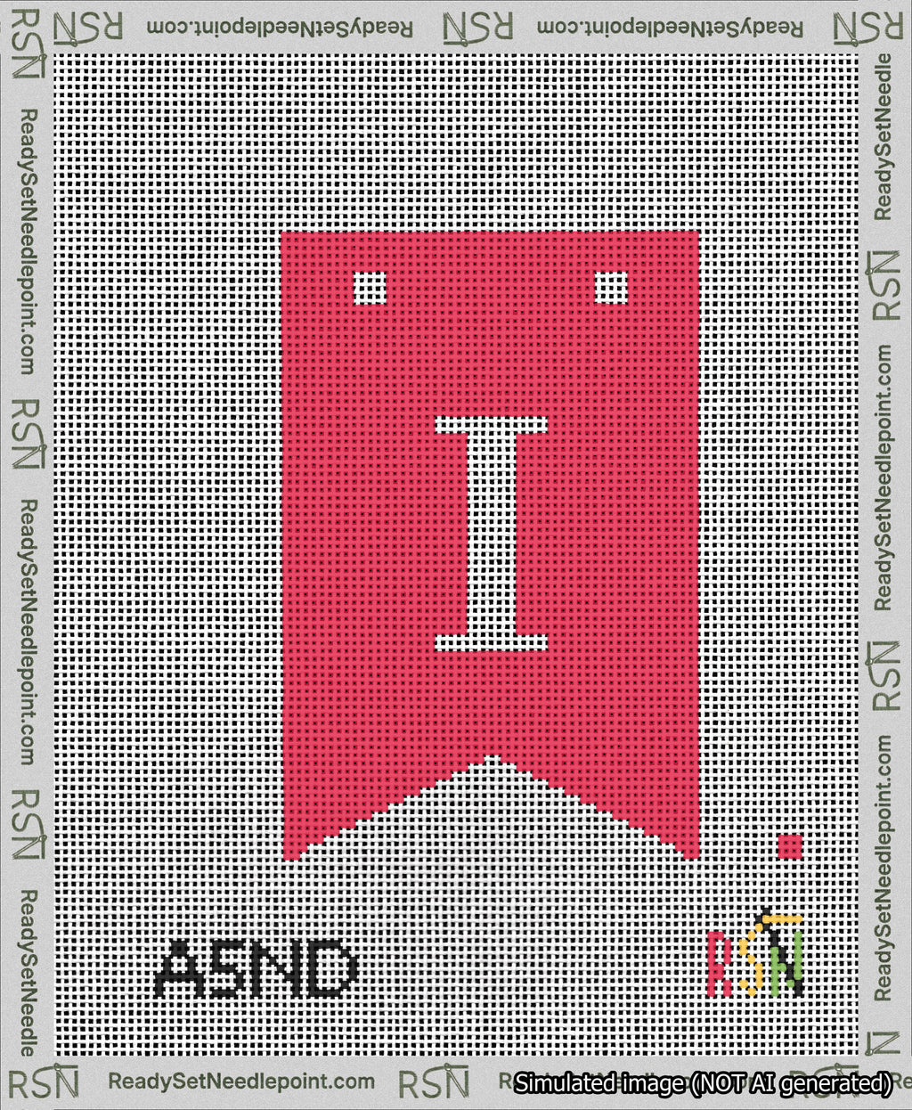 A taped needlepoint canvas with the design: Banner 13 mesh count Forked I White on Red.