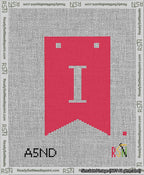 A taped needlepoint canvas with the design: Banner 13 mesh count Forked I White on Red.