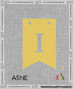 A taped needlepoint canvas with the design: Banner 13 mesh count Forked I White on Yellow.