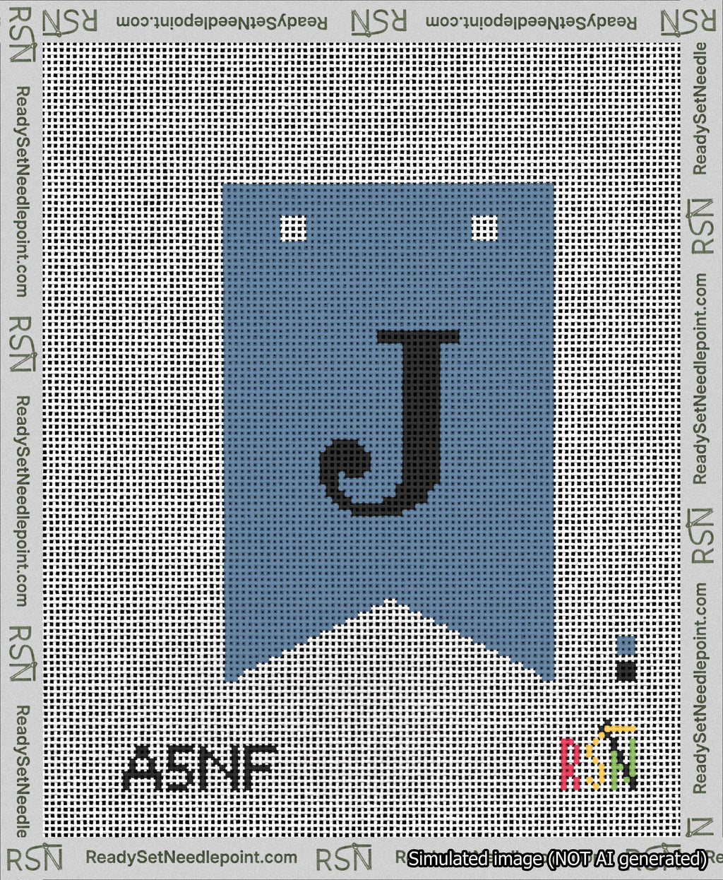 A taped needlepoint canvas with the design: Banner 13 mesh count Forked J Black on Blue.