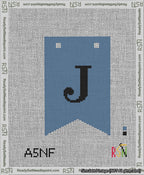 A taped needlepoint canvas with the design: Banner 13 mesh count Forked J Black on Blue.