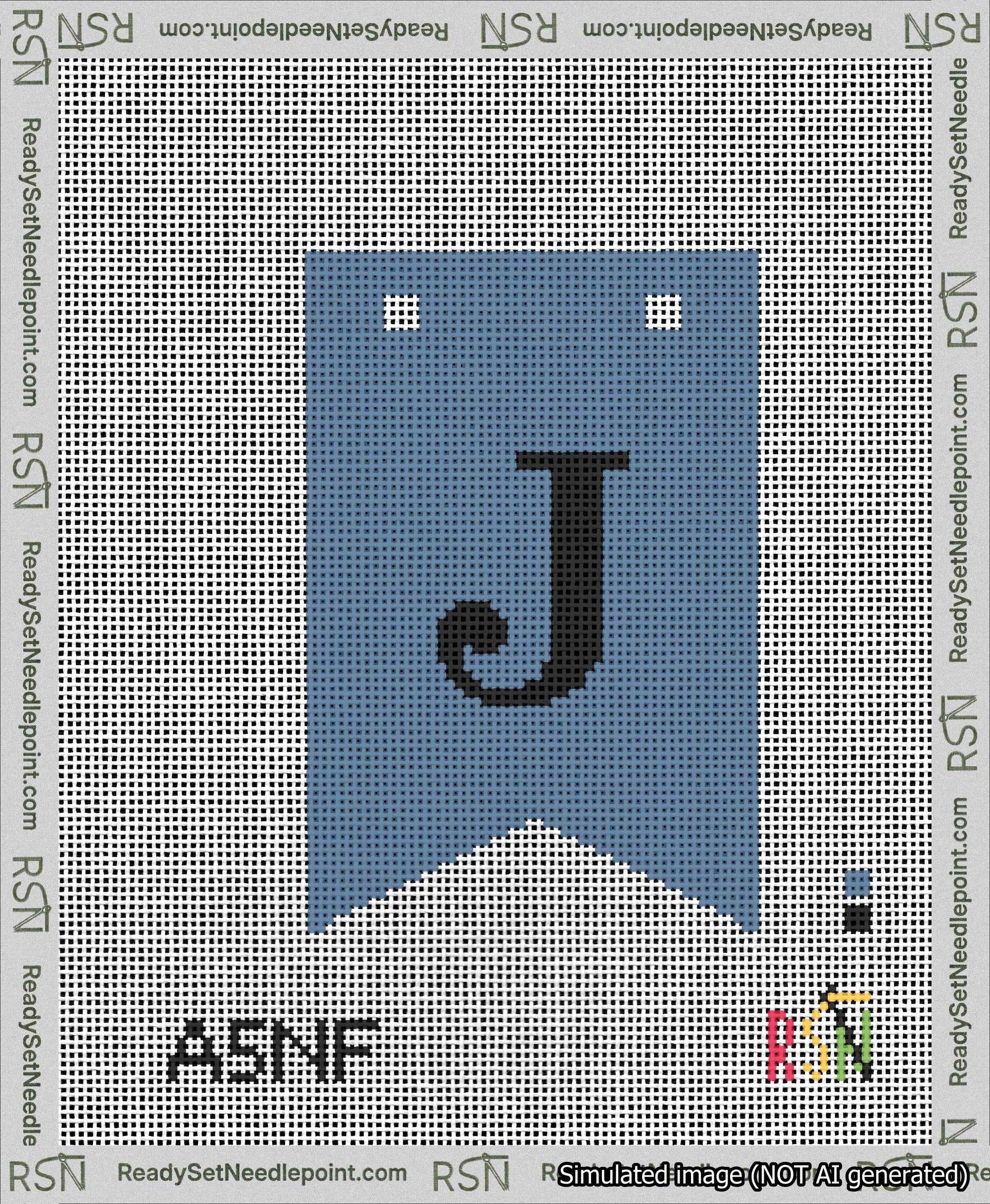 A taped needlepoint canvas with the design: Banner 13 mesh count Forked J Black on Blue.