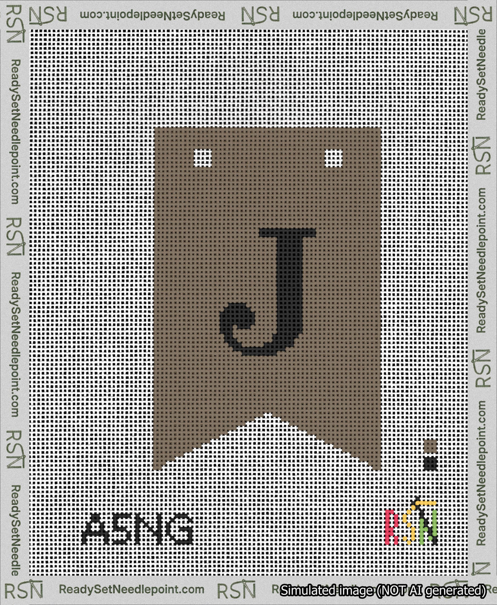 A taped needlepoint canvas with the design: Banner 13 mesh count Forked J Black on Brown.